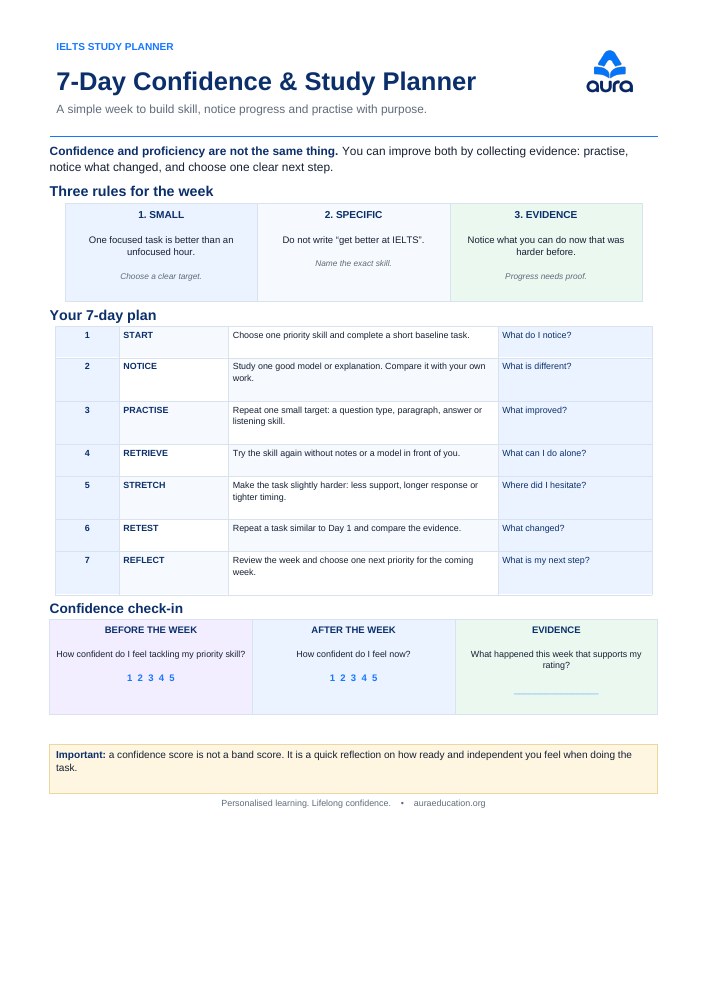 Preview of Aura IELTS Study & Confidence — 7-Day Planner