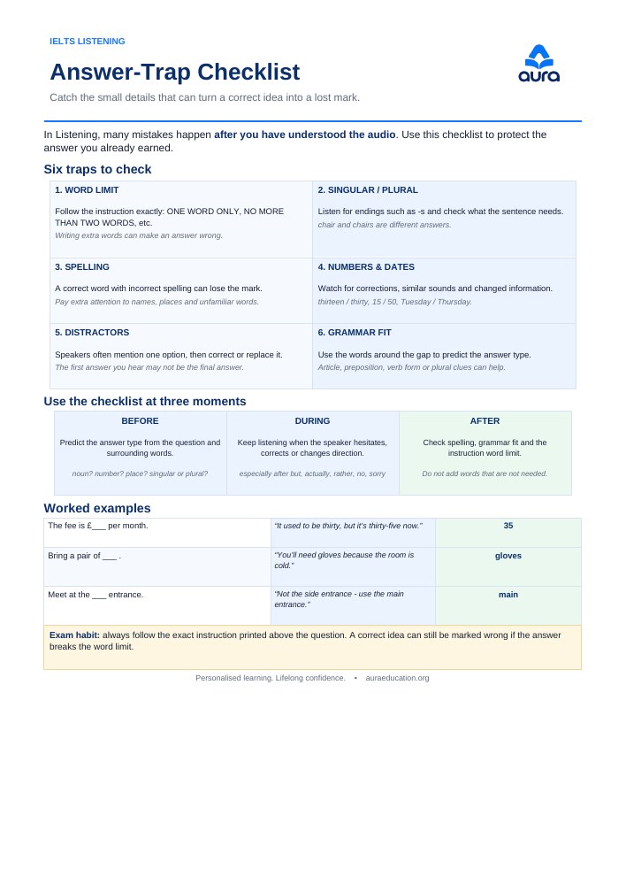 Preview of Aura IELTS Listening — Answer-Trap Checklist